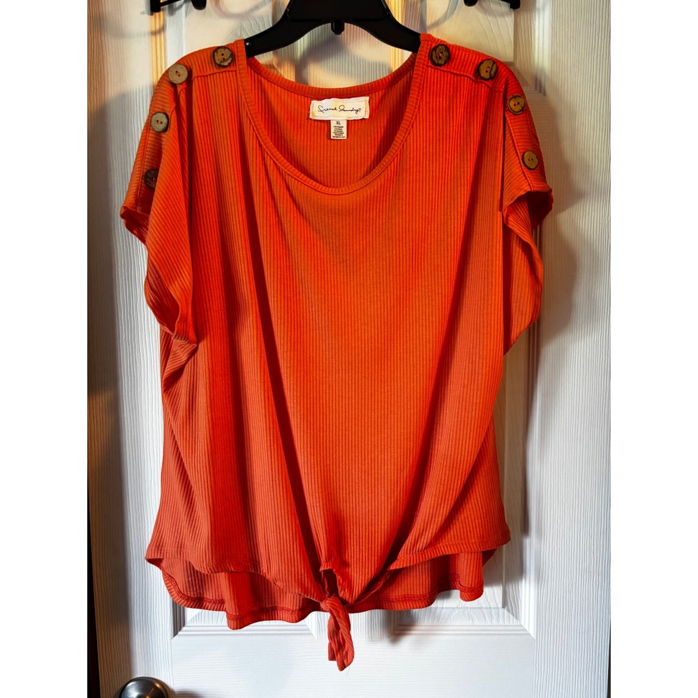 French Laundry Orange Ribbed‎ Short Sleeve Tie Front Button Shoulder Top XL